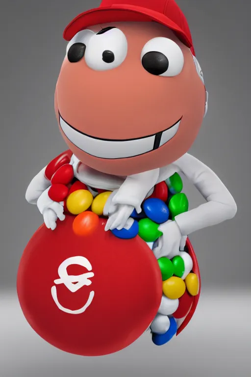 Image similar to a single red m & m candy with white arms and legs, a red sphere wearing a white baseball cap, eminem as the red m character standing on a floor covered with m & m candies, m & m candy dispenser!!!, m & m plush, unreal engine, studio lighting, unreal engine, volumetric lighting, artstation, cosplay, by hans bellmer