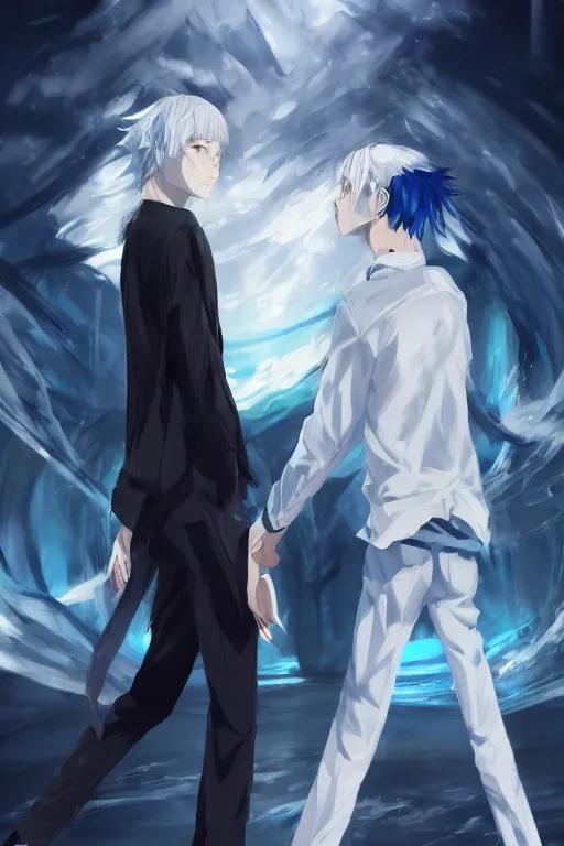 Prompt: anime boy with messy blue hair wearing black long jacket beside another shorter boy with wavy white hair in white formal clothes, wlop, concept art, digital painting, trending on artstation, highly detailed, epic composition, 8 k uhd