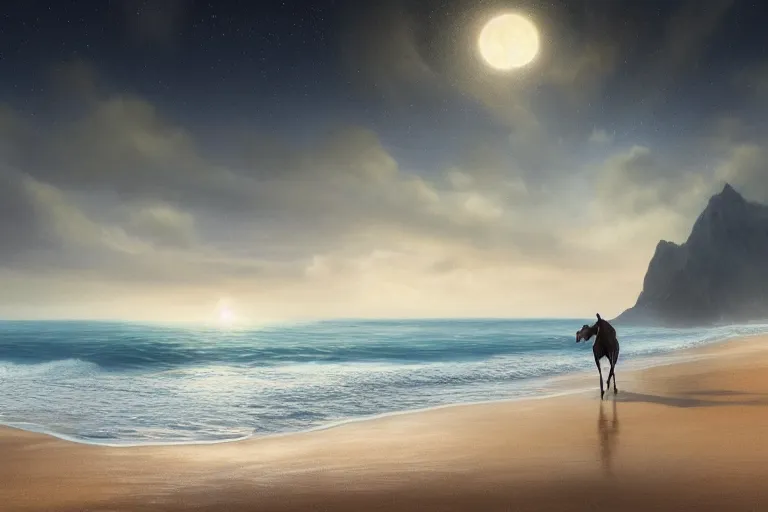 Image similar to photo of man riding a horse along the beach, glowing underwater waves toward a lighthouse in the distance guiding his way, silhouette, wide horizon, large white clouds, night, intricate, elegant, highly detailed, digital painting, artstation, concept art, smooth, sharp focus, illustration, art by artgerm and greg rutkowski and fra angelico