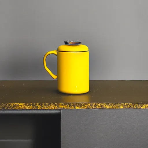 Image similar to yellow coffee mug made of rimowa aluminium suitcase, full of steaming coffee