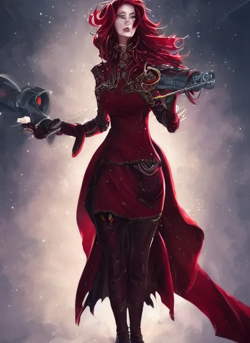 Image similar to a highly detailed illustration of beautiful long dark red haired woman wearing wine red epaulette uniform and coat cape, dramatic wielding strings pose, intricate, elegant, highly detailed, centered, digital painting, artstation, concept art, smooth, sharp focus, league of legends concept art, wlop