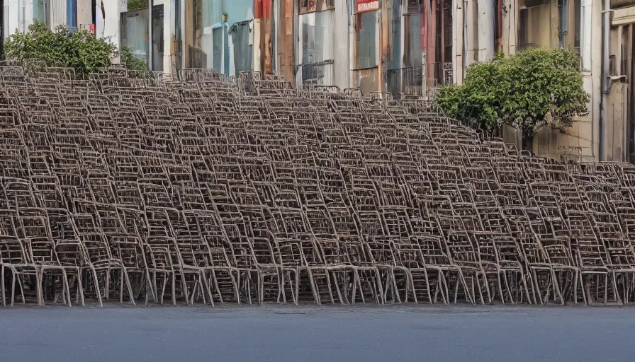 Prompt: many ten meters high piles of chairs along the walls of the street, hyperrealistic shaded