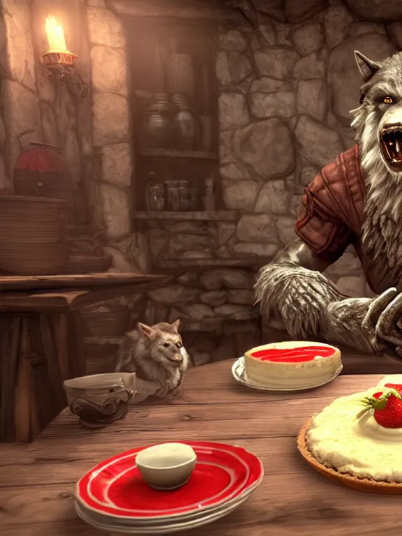 Prompt: cute!!! handsome cuddly burly surly relaxed calm timid werewolf from van helsing sitting down at the breakfast table in the kitchen of a normal country home cooking having fun lighthearted whimsy baking strawberry tart cakes unreal engine hyperreallistic render 8k character concept art masterpiece screenshot from the video game the Elder Scrolls V: Skyrim