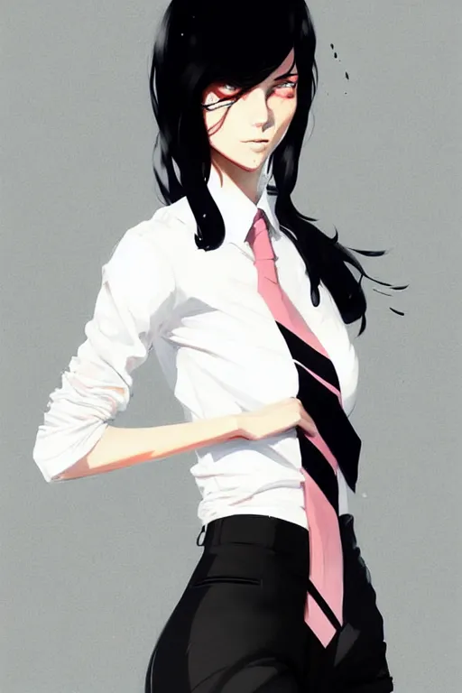 Image similar to a ultradetailed beautiful panting of a stylish woman, she is wearing a white shirt with a tie and black pants, by conrad roset, greg rutkowski and makoto shinkai trending on artstation