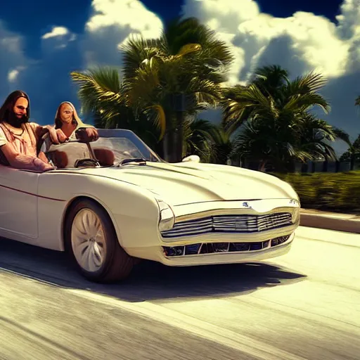 Prompt: jesus christ joyriding in florida in a convertable, dslr, award winning, 8 k, octane beautifully detailed render, warm mood, cinematic lighting, detailed photo, masterpiece, volumetric lighting, ultra realistic, highly detailed, high quality, lossless, photorealistic