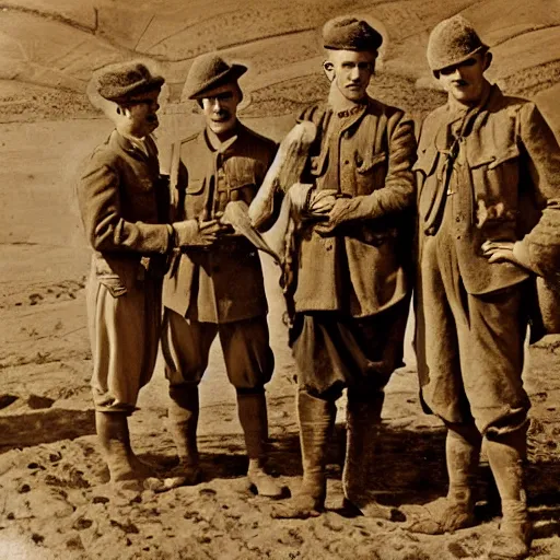 Image similar to ultra detailed photorealistic sepia - toned photo from 1 9 1 7, three clean - shaven british soldiers standing with two bedouin traders, at an archaeological dig site, ultra realistic, painted, intricate details, lovecraft, atmospheric, dark, horror, brooding, highly detailed, by clyde caldwell