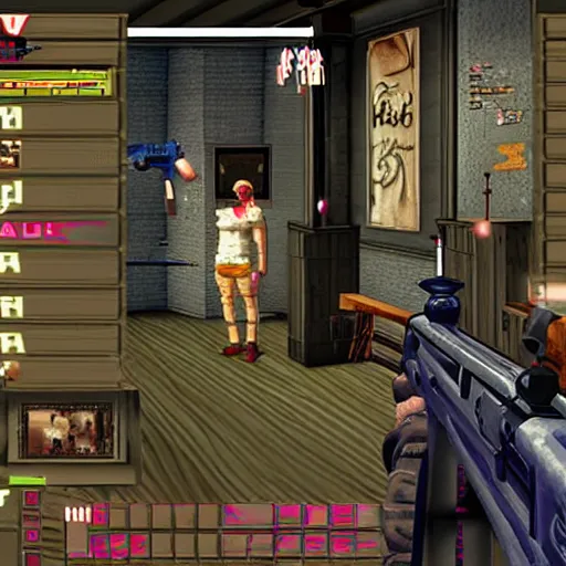 Prompt: gun dating sim, pc game from 1995, VGA,