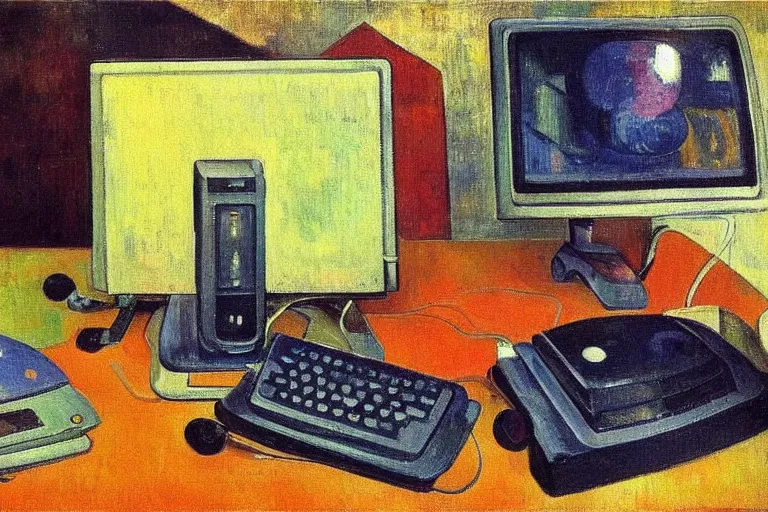 Prompt: still life painting of vintage computers by Paul Gauguin, oil on canvas, strong lighting, highly detailed, hyper realism, HD, 4K