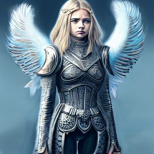 Image similar to portrait of young aasimar angel valkyrie warrior girl maiden wearing comfy leather armor with beautiful feathered angel wings, blue eyes, Chloe Moretz, Natalie Portman, Emily Ratajkowski, innocent, intricate, elegant, highly detailed, ultradetailed, hyperdetailed, artstation, concept art, smooth, sharp focus, illustration, art by artgerm and greg rutkowski and Rossdraws and Bluesssatan and Mandy Jurgens