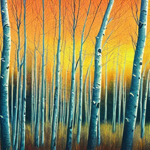 Image similar to beautiful painting of an Aspen forest at sunset, digital art, award winning illustration, golden hour, smooth, sharp lines, concept art, trending on artstation