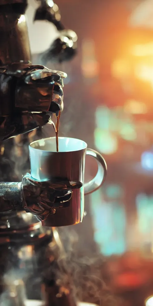 Prompt: metal mug, filled with steaming hot coffee, standing on a table. future. japan. cyberpunk style. closeup. colorful.