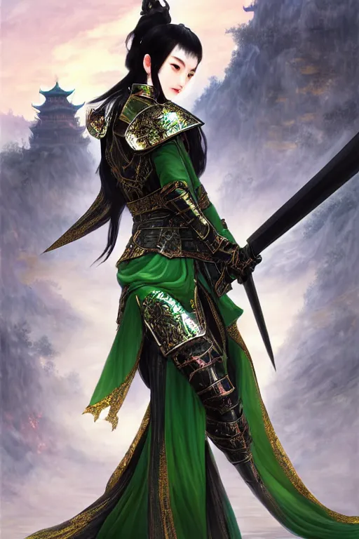 Image similar to portrait black hair young knights of Dynasty Warriors girl, metallic green armor, in ruin fire chinese palace sunrise, ssci-fi and fantasy, intricate and very beautiful and elegant, highly detailed, digital painting, soft light, artstation, concept art, smooth and sharp focus, illustration, art by tian zi and WLOP and alphonse mucha