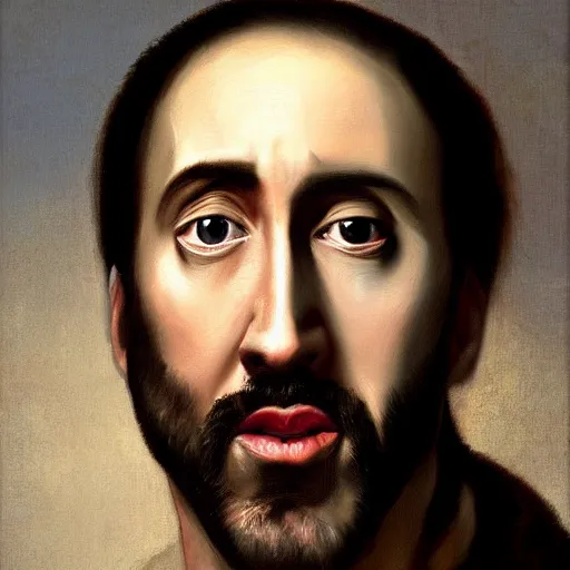 Image similar to paint portrait on canvas ofnicolas cage caravaggio style 4 k