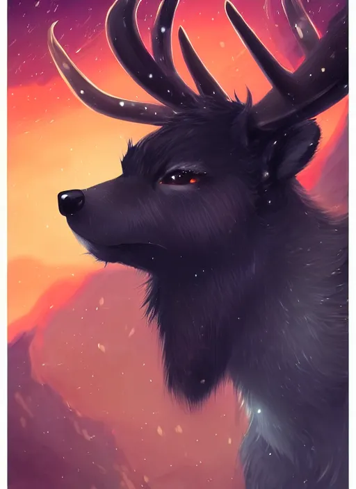 Image similar to award winning beautiful portrait commission of a male furry anthro Black Reindeer fursona with a tail, wings and a cute beautiful attractive detailed furry face wearing stylish black and orange galaxy clothes in a outerspace city at night while it rains. Character design by charlie bowater, ross tran, artgerm, and makoto shinkai, detailed, inked, western comic book art