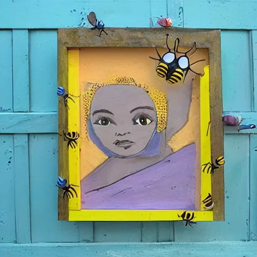 Prompt: a beehive-frame that has been painted on by children,