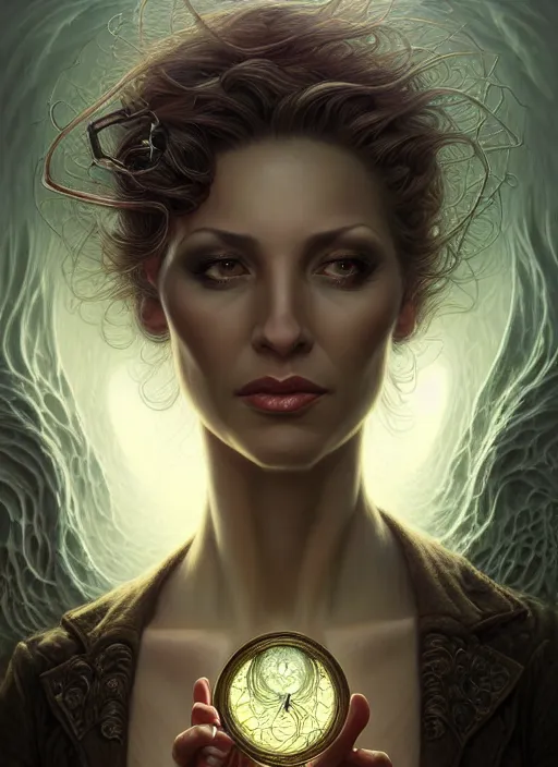 Image similar to portrait shot of a female detective in a scenic lovecraftian environment, intricate, elegant, highly detailed, centered, digital painting, artstation, concept art, smooth, sharp focus, illustration, artgerm, tomasz alen kopera, peter mohrbacher, donato giancola, joseph christian leyendecker, wlop, boris vallejo