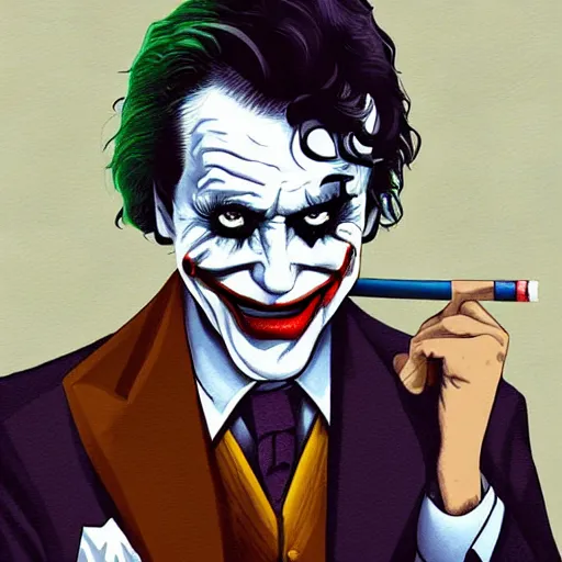 Prompt: biden as the joker smoking a cigarette, looking depressed, artstation, digital art