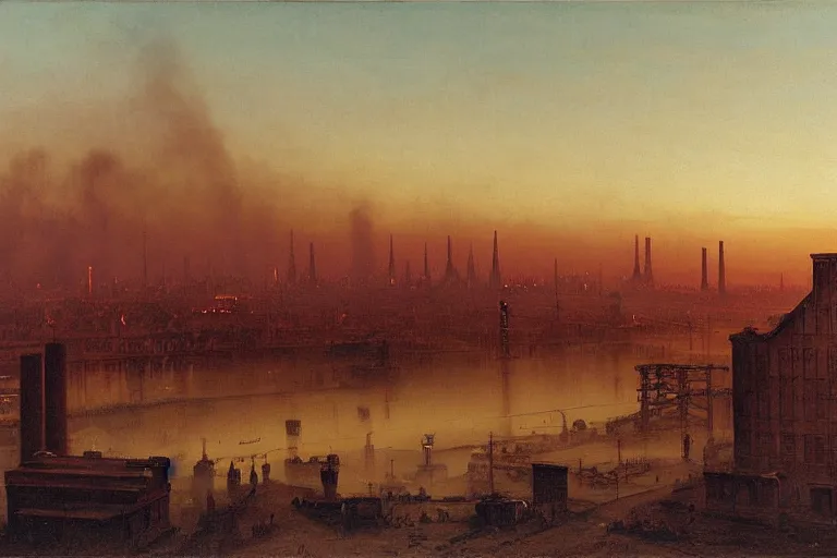 Image similar to large industrial section of a city, lots of smoke, smokestacks, brick buildings, 1 8 0 0 s, matte painting, highly detailed, cinematic lighting, by albert bierstadt, frederic edwin church