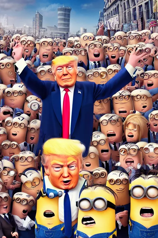 Image similar to trump with blond hair as a minion standing in front of a riot, pixar style, intricate, portrait, 8 k highly professionally detailed, hdr, cgsociety