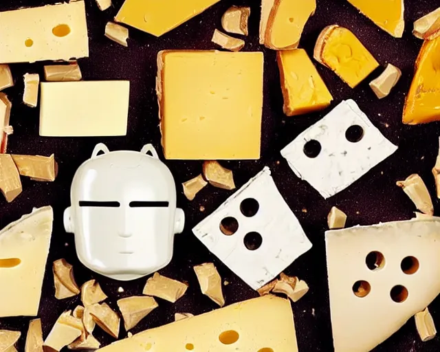 Image similar to incredible strange absurd closeup artwork of androids tasting cheese, finding it very weird but yet oddly tasteful at the same time, weird tasting ritual of cheese products in the style of tim walker fashion photography, also containing some soft cheese