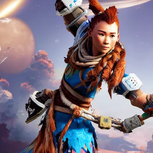 Image similar to aloy from the horizon zero dawn videogame playing the guitar in the international space station