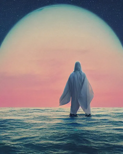 Image similar to a person wearing a white cloak standing in the water. a large planet is overhead. an album cover by stanley twardowicz, trending on cg society, retrofuturism, retrowave, chillwave, synthwave