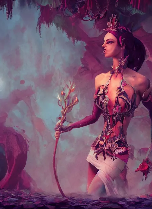 Image similar to enchanted cult girl performing ritual, concept art, elegent, magic background, character portrait, dynamic lighting, octane render aesethic, matte painting, gaudy colors, detailed