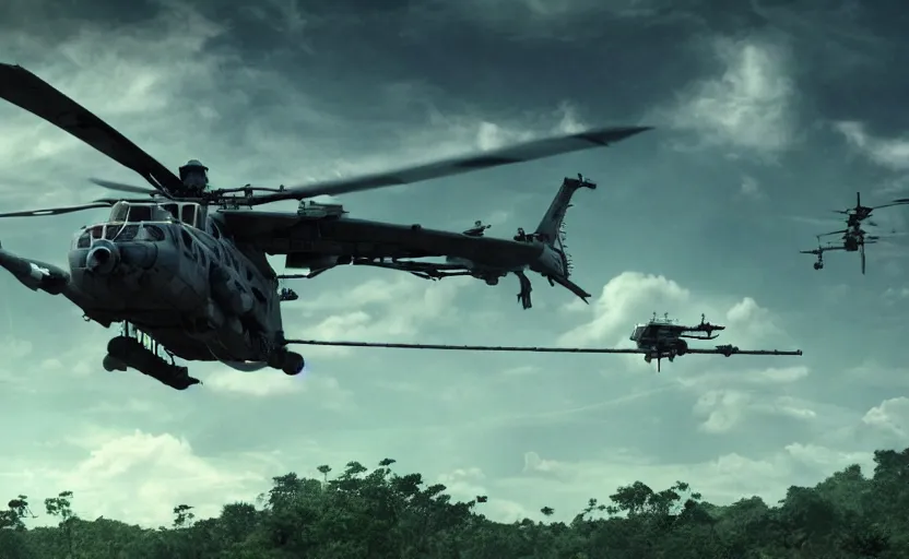 Image similar to photo of sci - fi war helicopter landing on jungle complex, ultra detailed, movie frame, cinematical composition, 4 k, breaking bad