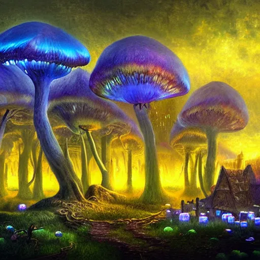 Image similar to concept art detailed painting of a dark purple fantasy fungal town made of mushrooms, with glowing blue lights, in the style of albert bierstadt