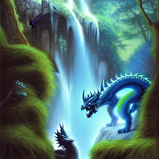 Prompt: furry art, female dragon sleeping by a waterfall, fursona commission, color page, tankoban, 4 k, tone mapping, jaime jones, alan lee