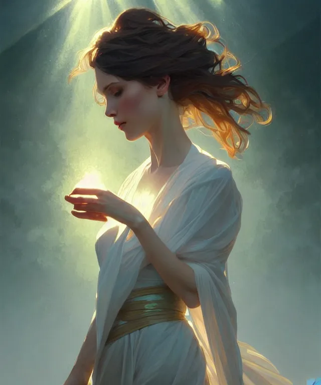 Image similar to emily rajtkowski, lake, elegant, highly detailed, god rays, digital painting, artstation, concept art, smooth, sharp focus, illustration, art by artgerm and greg rutkowski and alphonse mucha