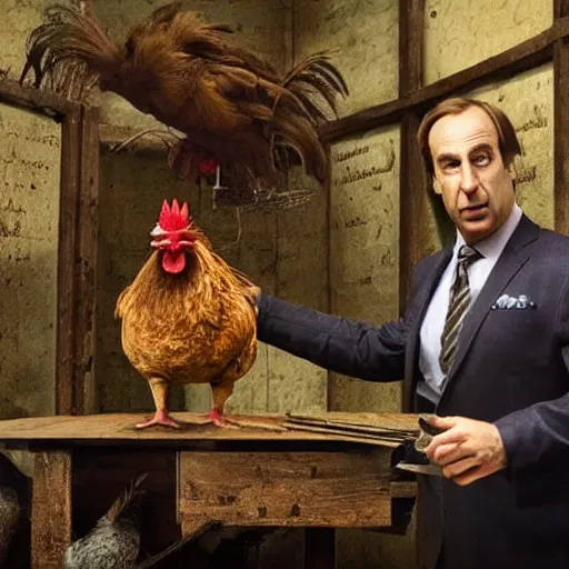 Image similar to saul goodman and a rooster in a medieval torture chamber, scary torture devices in the background, horror movie, saul goodman, rooster, real life photo, detailed face