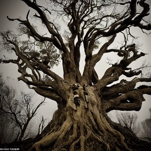 Image similar to a old gnarled tree, bark covered in the suggestion of faces, a group of misfits climb the tree, edge of a eerie forest, cursed grounds, something feels off