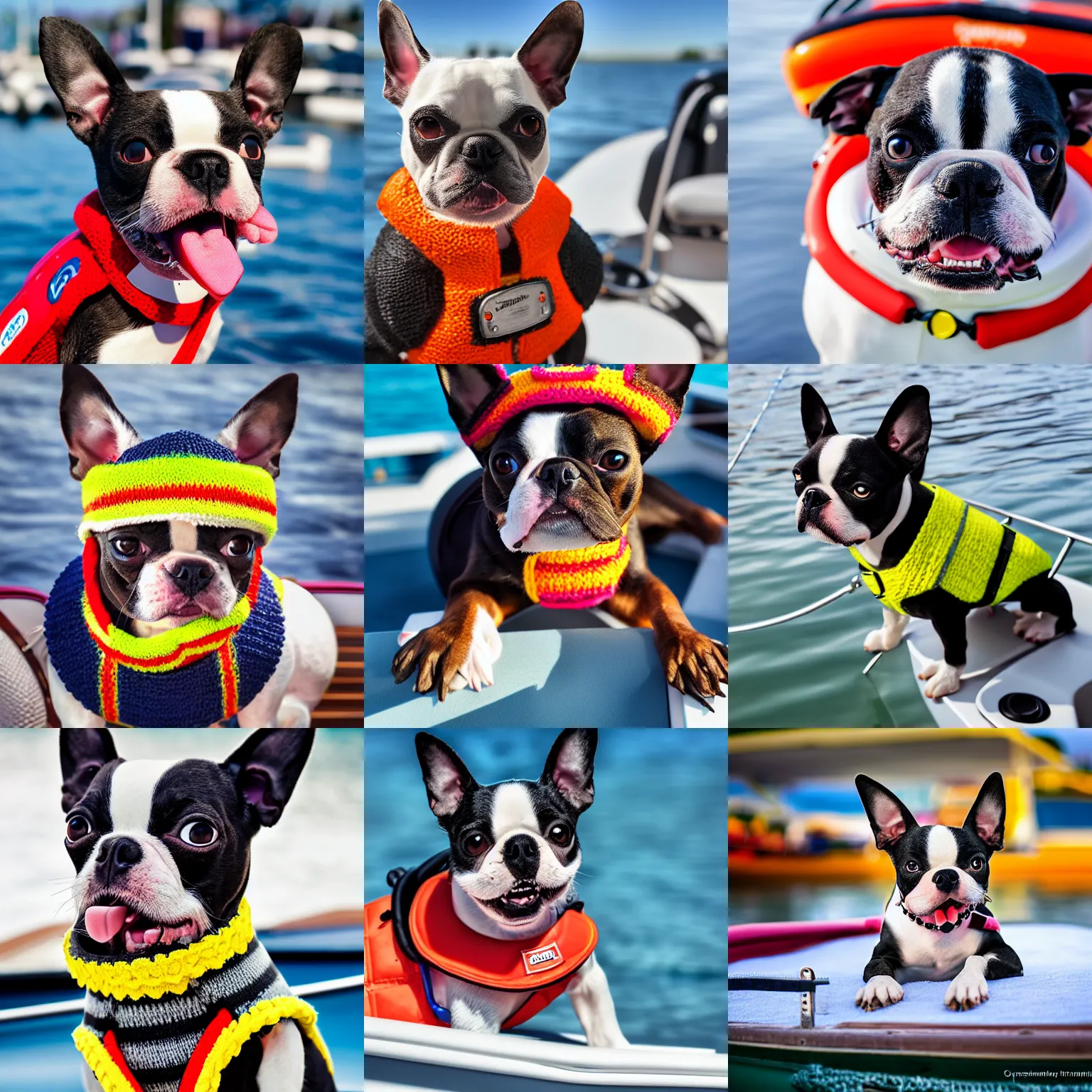 Prompt: a closeup photorealistic photograph of a cute smiling knitted boston terrier dog dressed in a life vest on a pontoon boat. professional capture, sunny shot. this 4 k hd image is trending on artstation, featured on behance, well - rendered, extra crisp, features intricate detail, epic composition and the style of unreal engine.