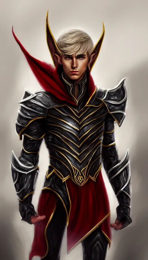 Prompt: A medium shot portrait of a male elf, he is about 20 years old, attractive, lean but muscular, serious composure, short silver hair, prideful look, he is wearing black heavy armor with gold plating and a red cape, highly detailed portrait, digital painting, ArtStation, concept art, smooth, sharp focus illustration