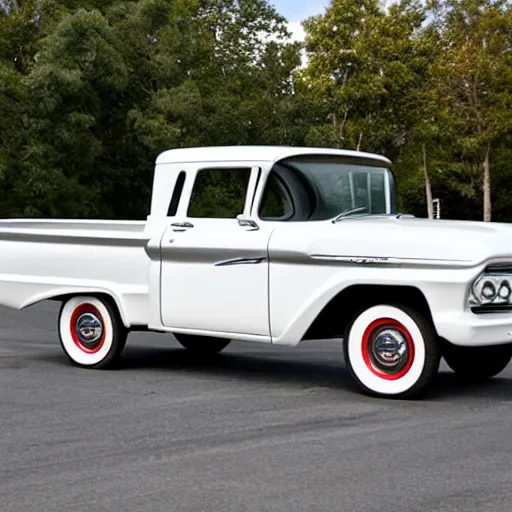 Image similar to 1960 White Ford Pickup + 2015 Chevy Tahoe hybrid SUV, Retro Aesthetic with Modern Features, Advanced Automobile, Premium SUV that is also an old Truck, 4K, Photo