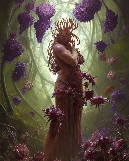 Image similar to the platonic ideal of flowers, rotting, insects and praying of cletus kasady carnage thanos davinci dementor wild hunt chtulu mandelbulb ponyo heavy rain the witcher, d & d, fantasy, ego death, decay, dmt, psilocybin, concept art by randy vargas and greg rutkowski and ruan jia and alphonse mucha