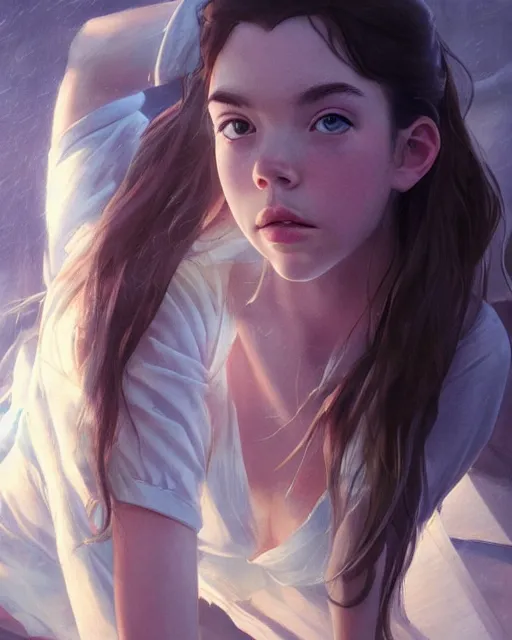 Prompt: anya taylor - joy, sexy outfit, medium shot, visible and distinct face, detailed, perfectly shaded, atmospheric lighting, by makoto shinkai, stanley artgerm lau, wlop, rossdraws