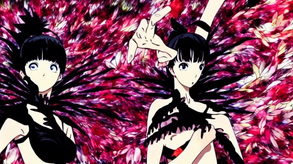 Image similar to black swan ( 2 0 1 0 ) as an anime film still from the an anime directed by katsuhiro otomo with art direction by salvador dali, wide lens