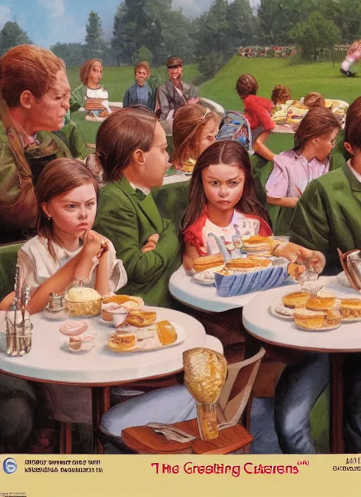 Image similar to greta thunberg eating cakes, artwork by earl norem, detailed digital art, trending on Artstation