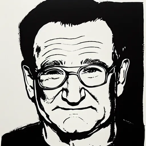 Image similar to silkscreen and lithography to create robin williams in the style of andy warhol