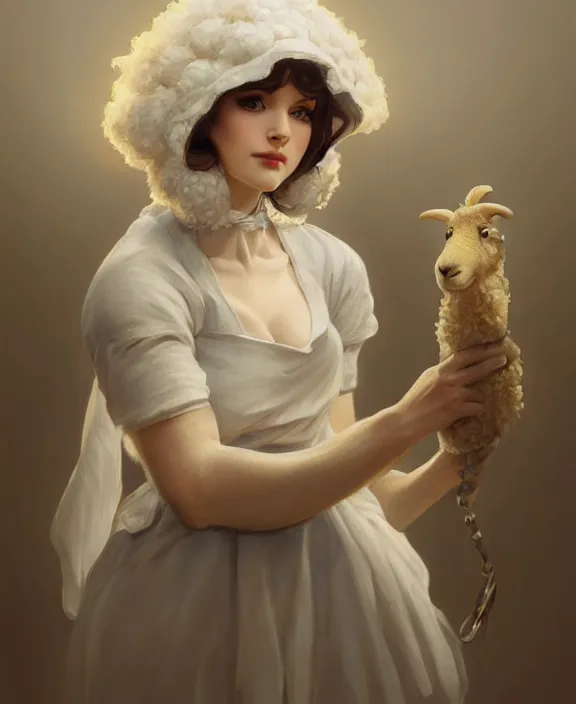 Image similar to female anthropomorphic sheep in maid outfit, realistic portrait, highly detailed, digital painting, artstation, concept art, smooth, sharp focus, illustration, cinematic lighting, art by artgerm and greg rutkowski and alphonse mucha and boris vallejo and frank frazetta