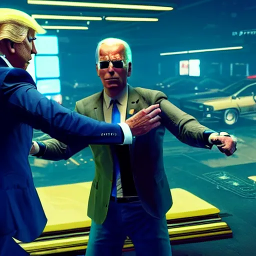 Image similar to a screenshot of joe biden and donald trump fighting in cyberpunk 2 0 7 7, 4 k, highly detailed