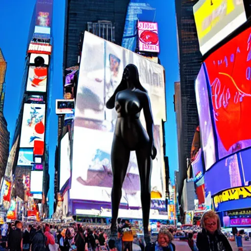 Image similar to a giant greek statue of a woman in times square