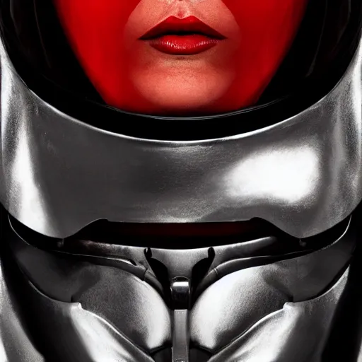Prompt: headshot of a beautiful female soldier, no makeup, in glossy sleek white armor and a long red cape, head tilted upwards, determined expression, no helmet, on the surface of mars, cinematic, sci-fi, hyperrealistic, detailed