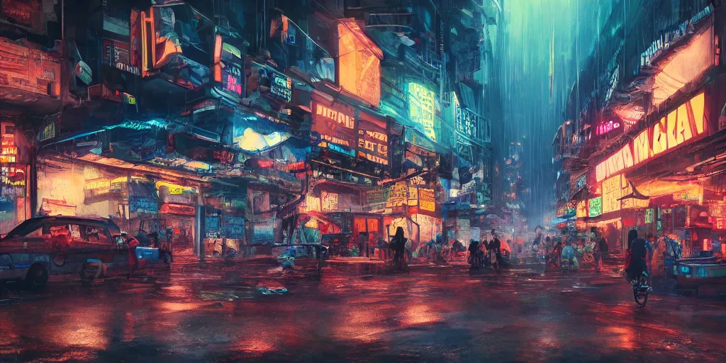 Image similar to a guatemalan cyberpunk city market with neon ads and signs with evocative dramatic mood with blade runner vibe with cars and floating vehicles with motion blur with depth of field with bloom with lightshaft with volumetric lights, fog, by jeremy mann, alberto mielgo, oscar winning graphics, photo realistic, bloom, imax, dynamic lighting, artstation,