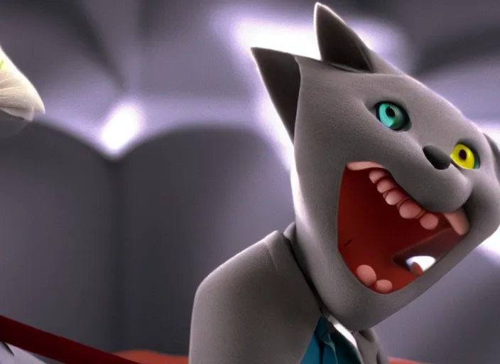 Prompt: film still of an anthropomorphic gray cat wearing a jacket in Dream Work's The Bad Guys Animation