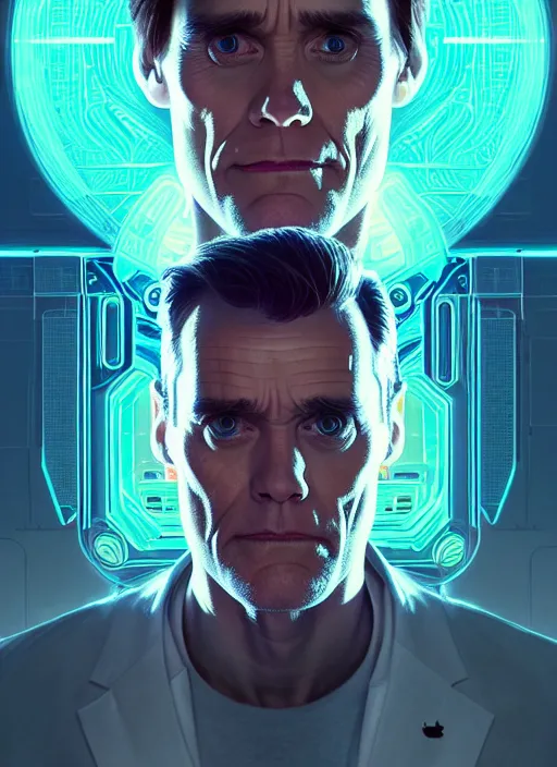 Image similar to symmetry portrait of jim carrey, sci - fi, tech wear, glowing lights, intricate, elegant, highly detailed, digital painting, artstation, concept art, smooth, sharp focus, illustration, art by artgerm and greg rutkowski and alphonse mucha