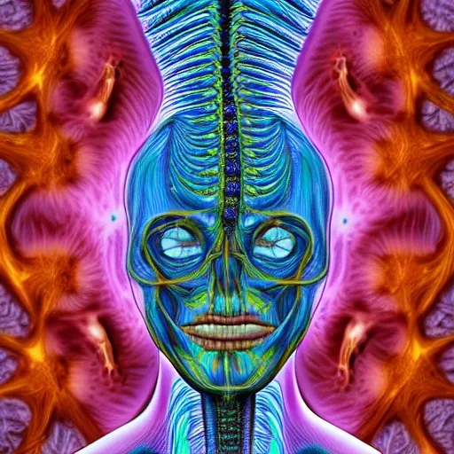 Prompt: human anatomical render in the style of alex grey, with an ornate fractal background