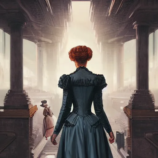 Prompt: portrait of a victorian lady in a futuristic city, from behind, streets, beautiful, crowd of people, highly detailed, digital painting